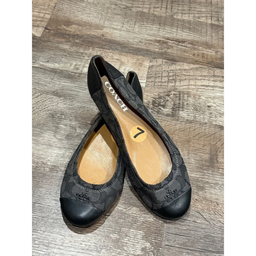 Coach Signature Jacquard Ballet Flats Black Charcoal Leather Trim Size 7